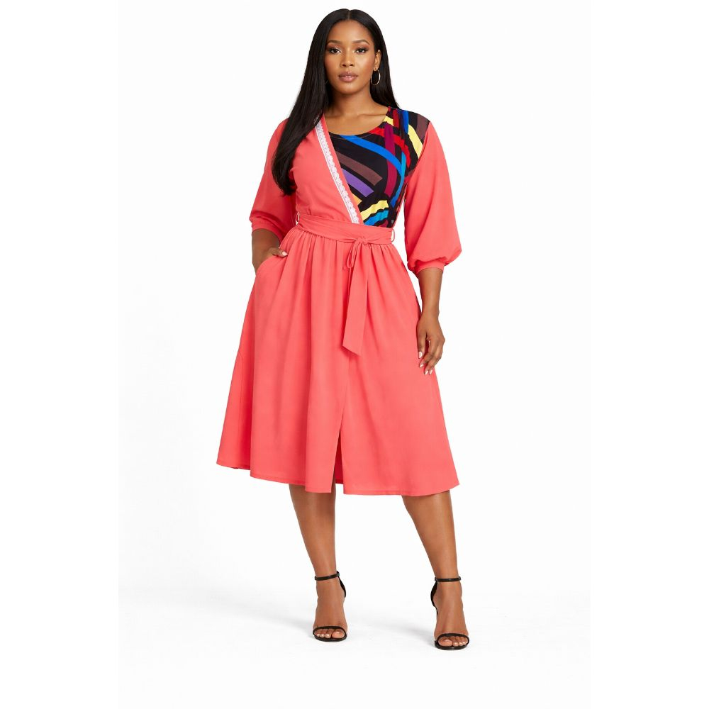 Coral Flare Dress with Contrast Panel